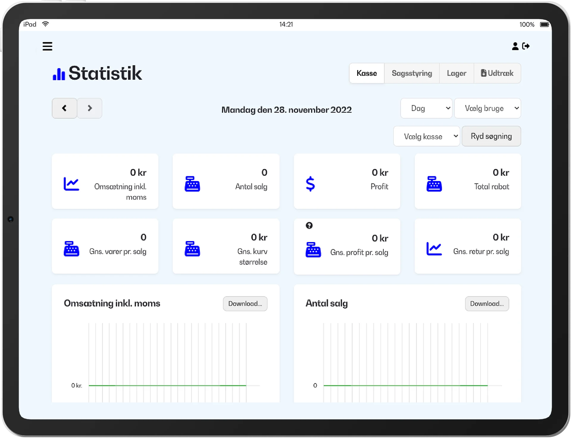 Kassesystem på iPad eller tablet med salgsrapporter og statistik.